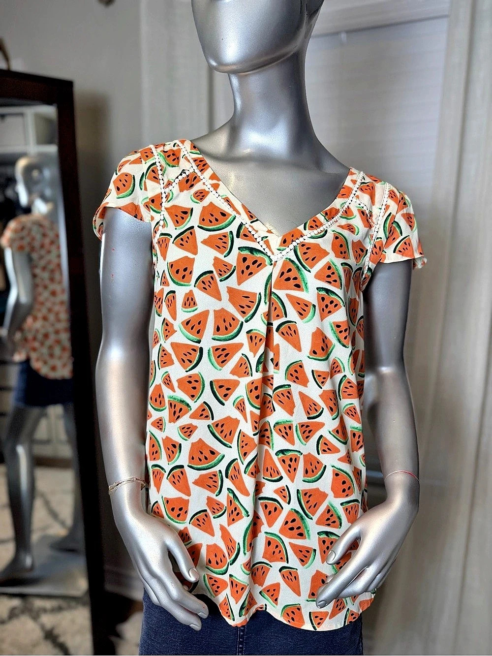 Anthropologie Maeve Picnic Days Watermelon Print V-Neck Blouse Top Size 4 Boho